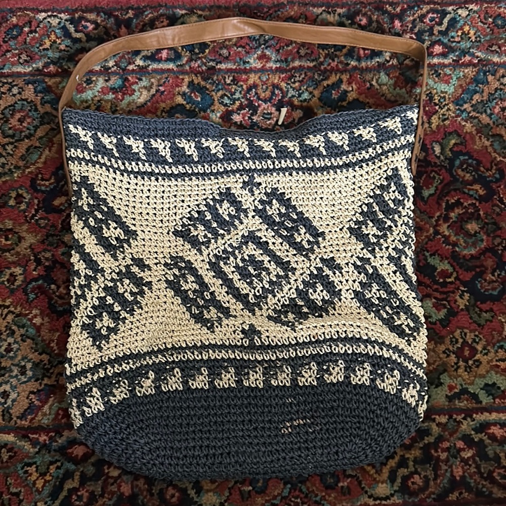 Sonoma Knitted PaperStraw Bag Tan and Blue beach Bag Purse